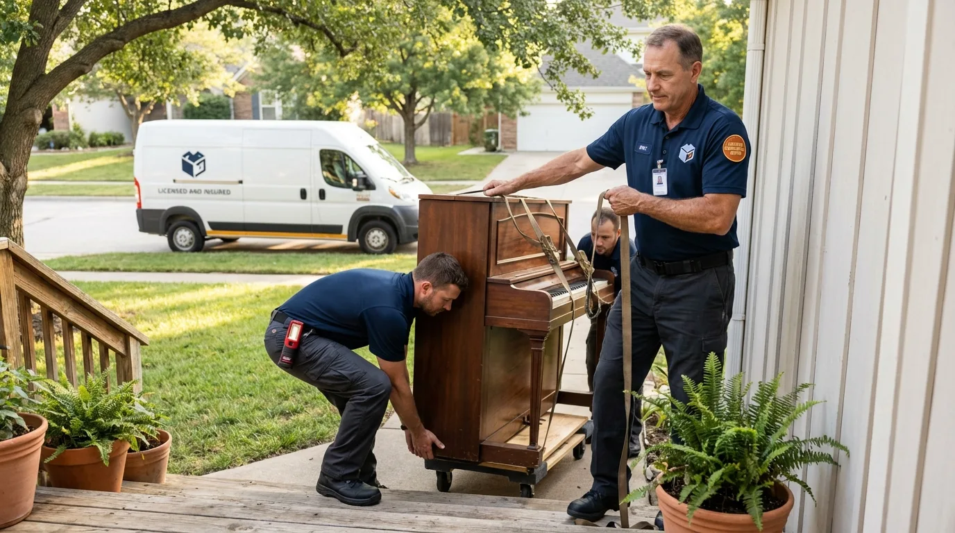 Licensed piano movers securing grand piano in Franklin, ME