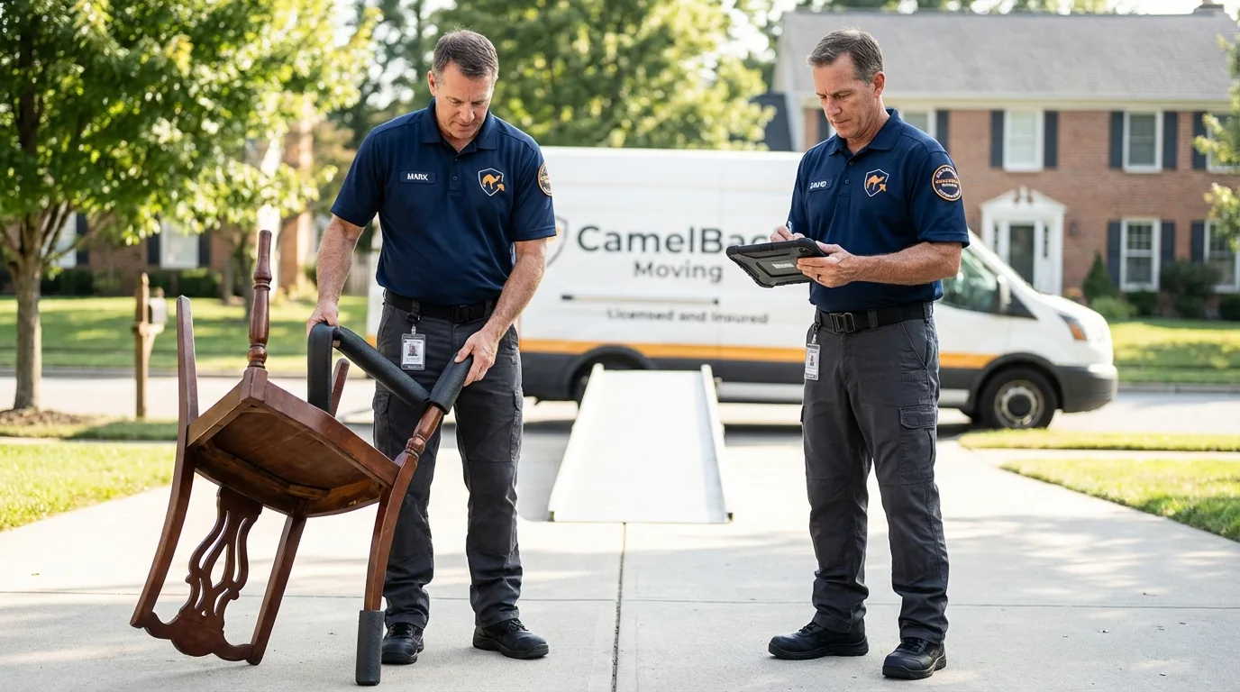Movers inspecting furniture for damage prevention before loading in Franklin, ME