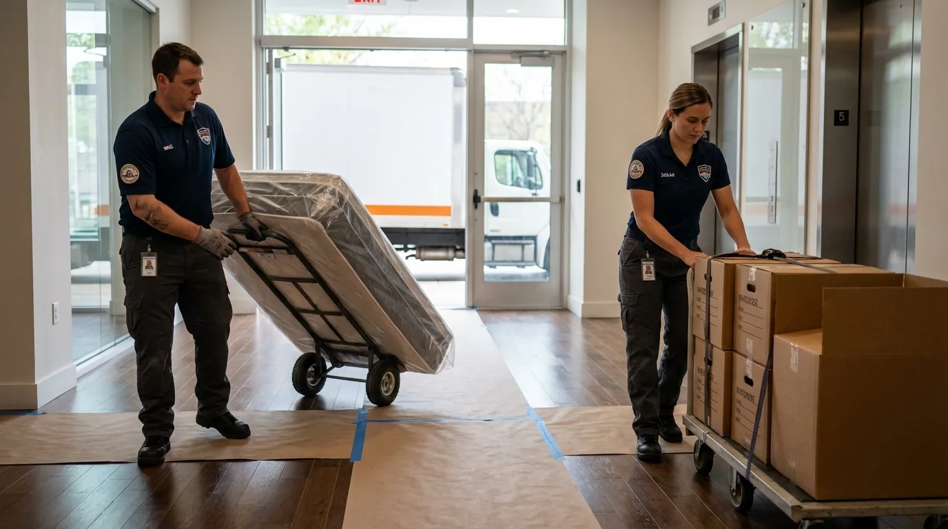 Professional apartment movers loading elevator in Franklin, ME