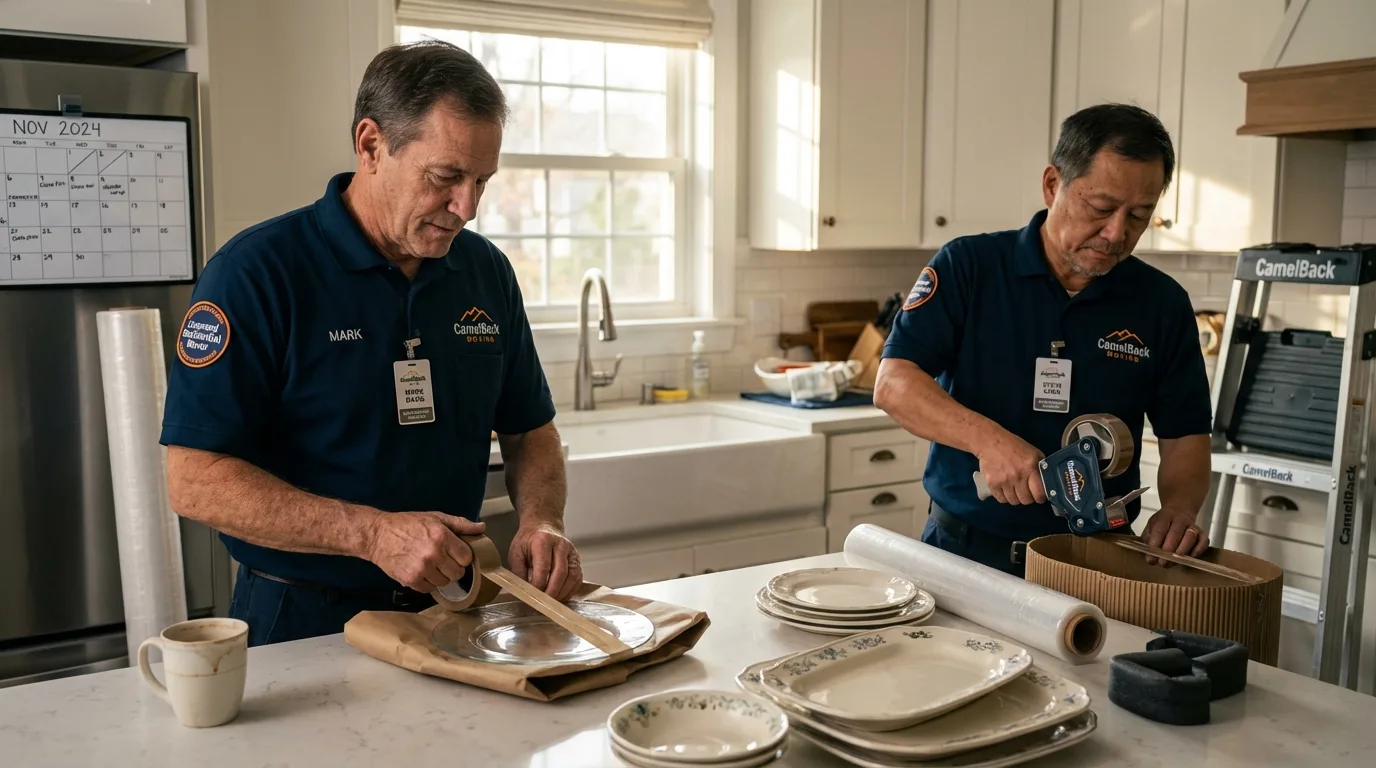 Professional crew packing kitchen dishware in Franklin, ME